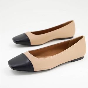 ASOS DESIGN Wide Fit Locket square toe ballet flats in beige and black